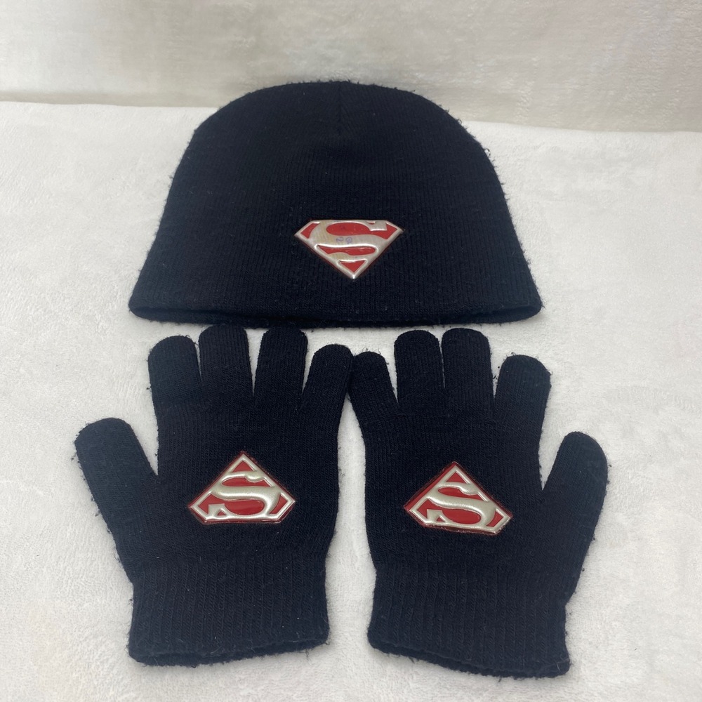 VTG Childs Superman Knit Beanie Hat Gloves‎ Set Black Red S Shield Logo Winter